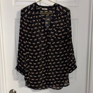 Pleione Blouse 3/4 sleeve v-neck black brown poly chiffon horses